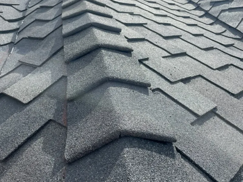 Ridge detail with matching ridge cap and balanced ventilation