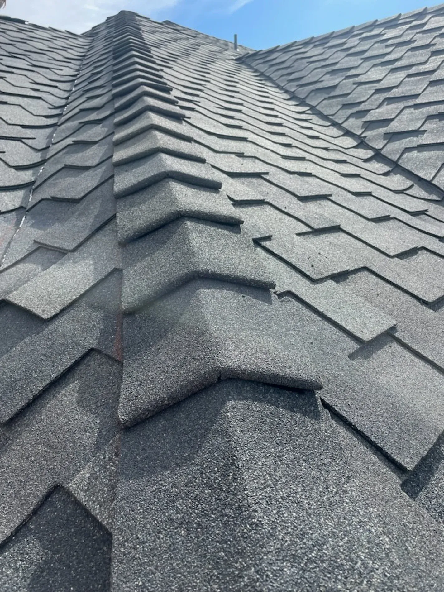 Ridge cap close-up on designer shingles