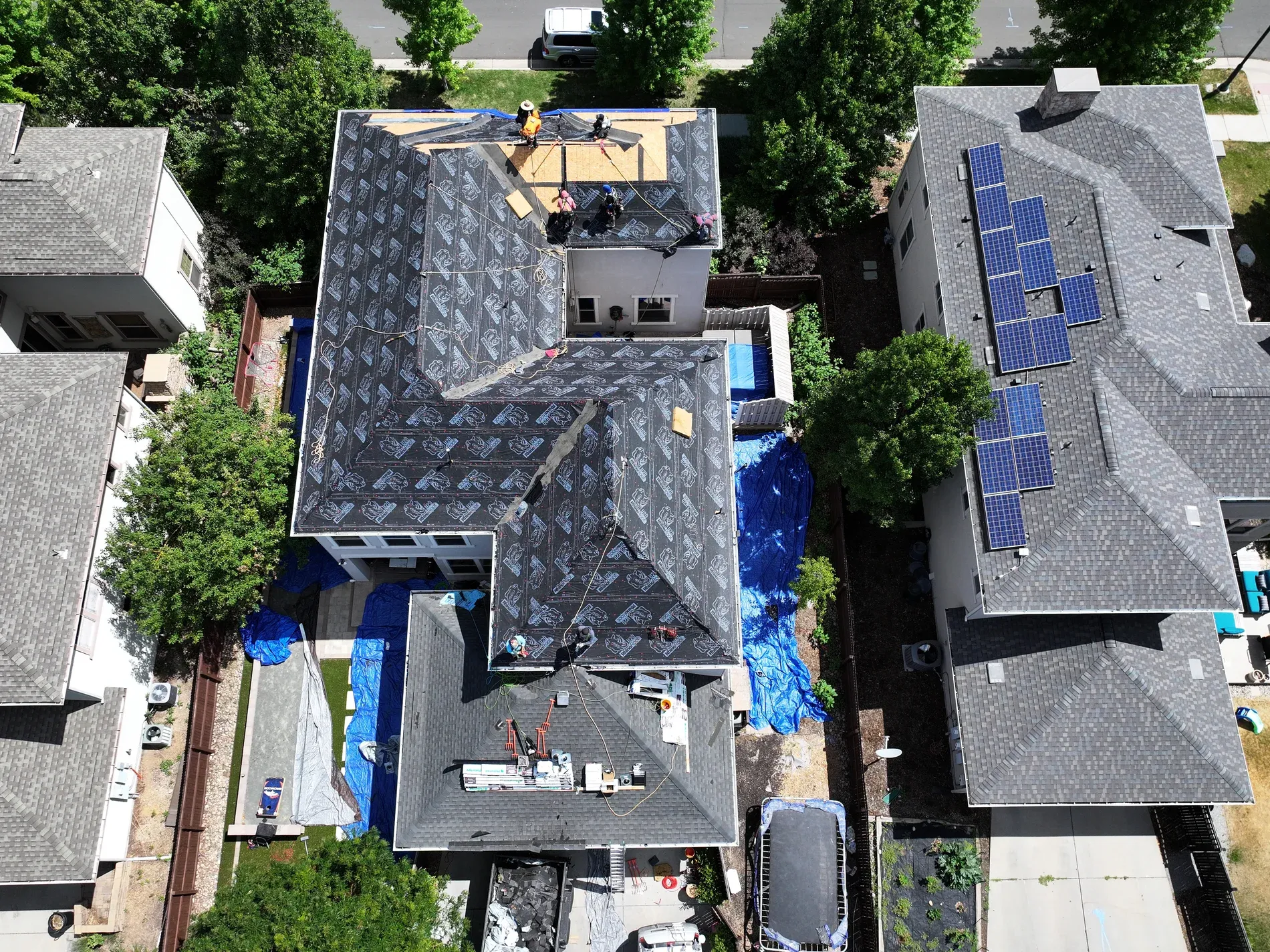 Aerial view of active roof replacement
